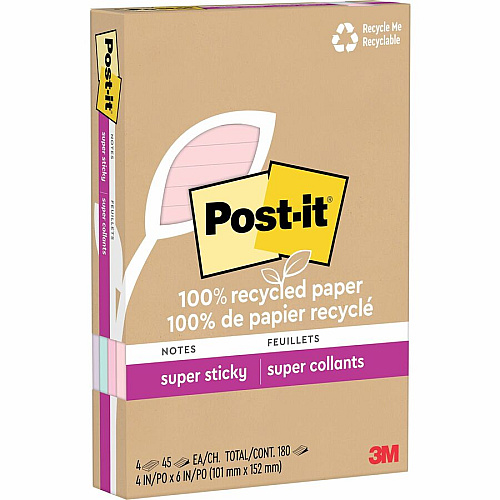 Post-it&reg; Super Sticky Adhesive Note 4" Flag/Note Width x 6" Flag/Note Length - Rectangle - 45 Sheets per Pad - Assorted Wanderlust Pastel - Repositionable - Recycled - 4 / Pack (4621R4SSNRP)