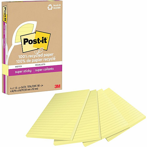 Post-it&reg; Super Sticky Adhesive Note 4" Flag/Note Width x 6" Flag/Note Length - Rectangle - 45 Sheets per Pad - Canary Yellow - Repositionable - Recycled - 4 / Pack (4621R4SSCY)