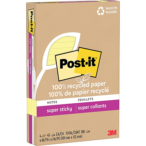 Post-it&reg; Super Sticky Adhesive Note 4" Flag/Note Width x 6" Flag/Note Length - Rectangle - 45 Sheets per Pad - Canary Yellow - Repositionable - Recycled - 4 / Pack (4621R4SSCY)
