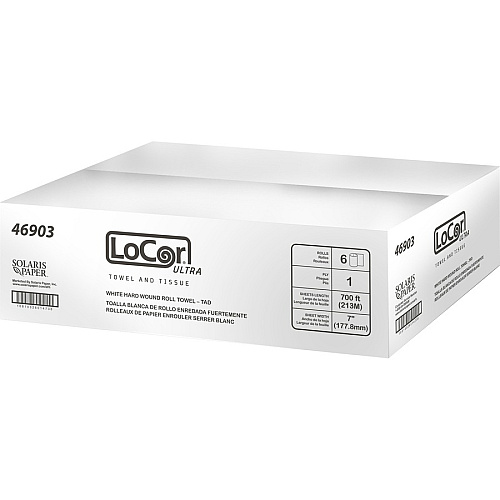 LoCor Paper Ultra Hard Wound Roll Towels 1 Ply - 7" Width x 700 ft Length - Full Emboss Pattern - White - Virgin Fiber - 6 / Carton (46903)