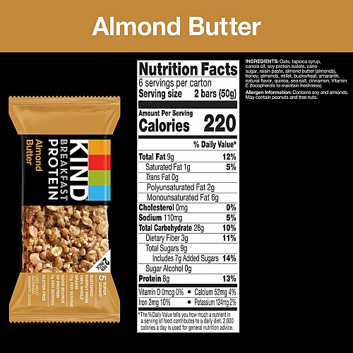 KIND Breakfast Protein Bars Gluten-free, Dairy-free, Peanut-free, Low Sodium - Almond Butter - 1.76 oz - 6 / Box (41935)