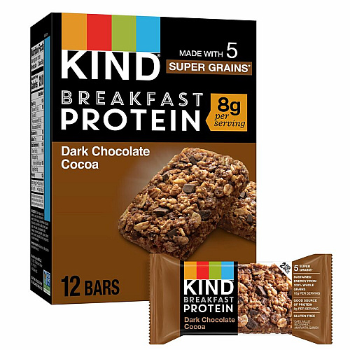 KIND Breakfast Protein Bars Gluten-free, Dairy-free, Low Sodium, Trans Fat Free, Peanut-free - Dark Chocolate Cocoa - 1.76 oz - 6 / Box (41936)