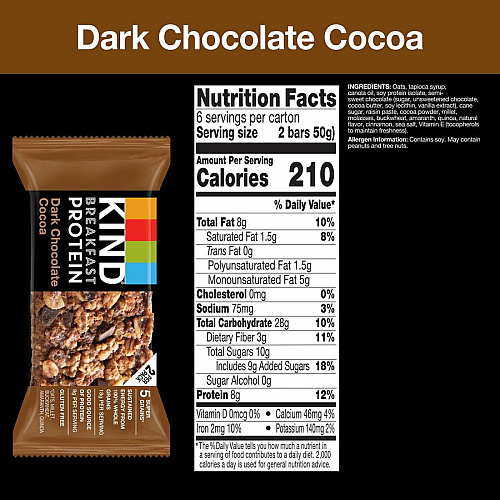 KIND Breakfast Protein Bars Gluten-free, Dairy-free, Low Sodium, Trans Fat Free, Peanut-free - Dark Chocolate Cocoa - 1.76 oz - 6 / Box (41936)