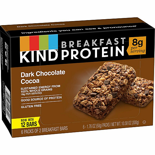 KIND Breakfast Protein Bars Gluten-free, Dairy-free, Low Sodium, Trans Fat Free, Peanut-free - Dark Chocolate Cocoa - 1.76 oz - 6 / Box (41936)
