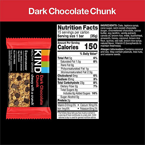 KIND Healthy Grains Bars Trans Fat Free, Gluten-free, Low Sodium, Cholesterol-free - Dark Chocolate Chunk - 1.20 oz - 15 / Box (25283)