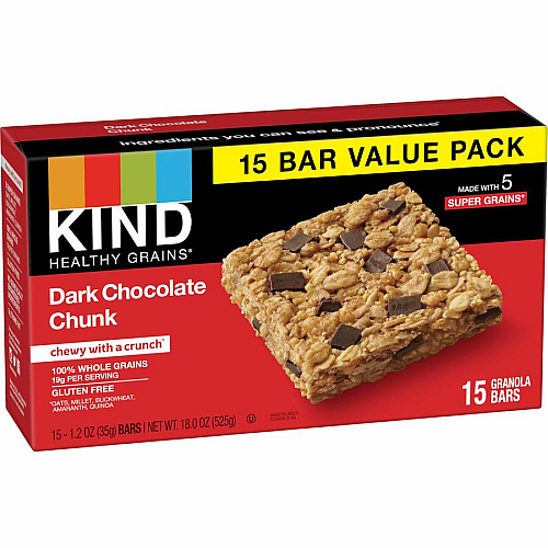 KIND Healthy Grains Bars Trans Fat Free, Gluten-free, Low Sodium, Cholesterol-free - Dark Chocolate Chunk - 1.20 oz - 15 / Box (25283)