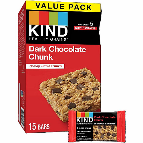 KIND Healthy Grains Bars Trans Fat Free, Gluten-free, Low Sodium, Cholesterol-free - Dark Chocolate Chunk - 1.20 oz - 15 / Box (25283)