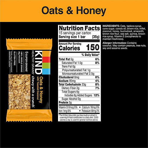 KIND Healthy Grains Bars Trans Fat Free, Gluten-free, Low Sodium, Cholesterol-free - Oats & Honey with Toasted Coconut - 1.20 oz - 15 / Box (26825)