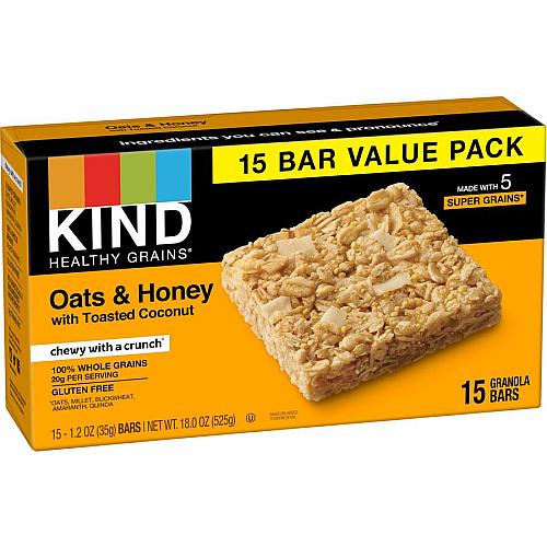 KIND Healthy Grains Bars Trans Fat Free, Gluten-free, Low Sodium, Cholesterol-free - Oats & Honey with Toasted Coconut - 1.20 oz - 15 / Box (26825)