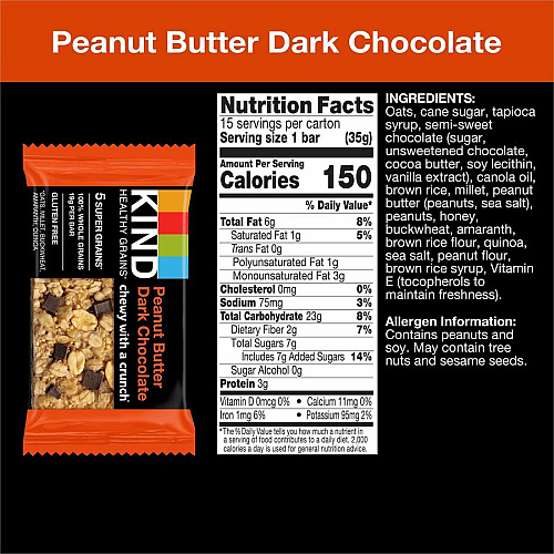 KIND Healthy Grains Bars Trans Fat Free, Gluten-free, Low Sodium, Cholesterol-free - Peanut Butter Dark Chocolate - 1.20 oz - 15 / Box (25284)