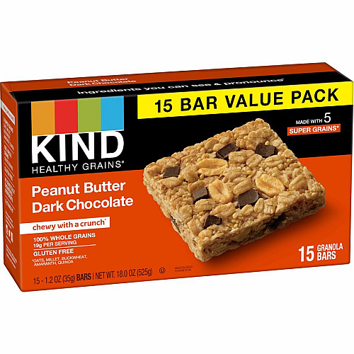 KIND Healthy Grains Bars Trans Fat Free, Gluten-free, Low Sodium, Cholesterol-free - Peanut Butter Dark Chocolate - 1.20 oz - 15 / Box (25284)