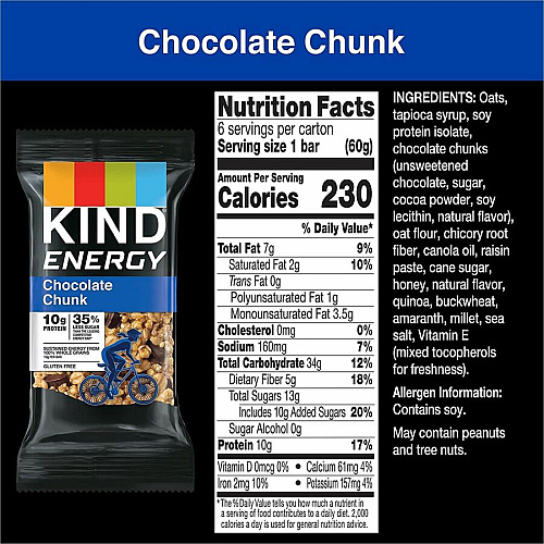 KIND Energy Bars Trans Fat Free, Gluten-free, Individually Wrapped - Chocolate Chunk - 2.10 oz - 6 / Box (28717)