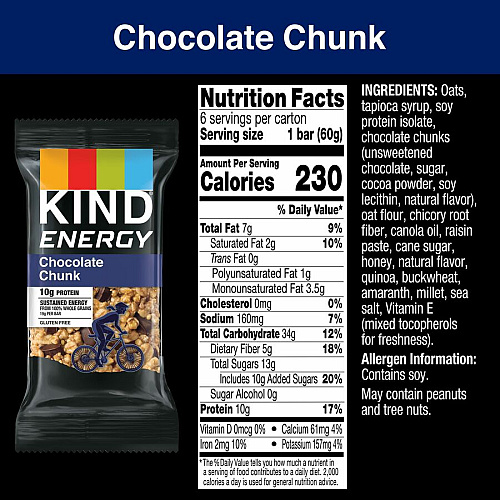 KIND Energy Bars Trans Fat Free, Gluten-free, Individually Wrapped - Chocolate Chunk - 2.10 oz - 6 / Box (28717)