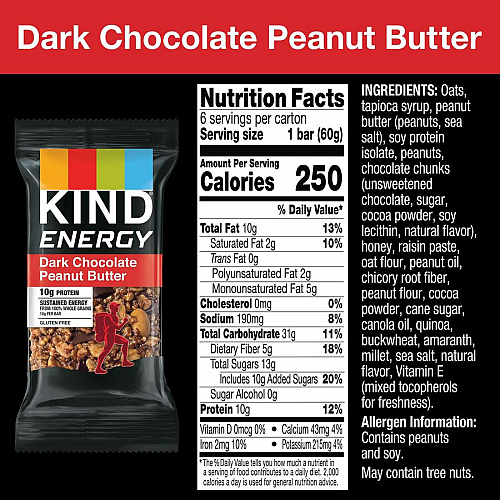 KIND Energy Bars Trans Fat Free, Gluten-free, Individually Wrapped - Dark Chocolate Peanut Butter - 2.10 oz - 6 / Box (28716)