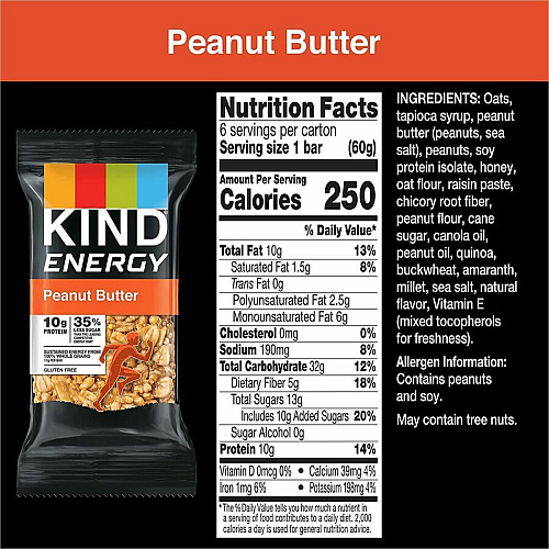 KIND Energy Bars Trans Fat Free, Gluten-free, Individually Wrapped - Peanut Butter - 2.10 oz - 6 / Box (28715)