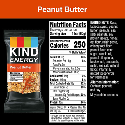 KIND Energy Bars Trans Fat Free, Gluten-free, Individually Wrapped - Peanut Butter - 2.10 oz - 6 / Box (28715)