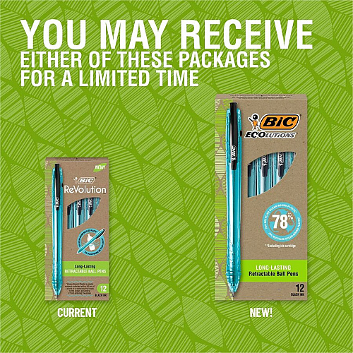 BIC Ecolutions Ballpoint Pen 1 mm Medium Pen Point - Refillable - Retractable - Black Ink - Semi Clear Barrel - 1 Dozen (BPRR11BK)