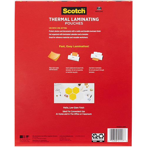 Scotch Laminating Pouch Laminating Pouch/Sheet Size: 8.90" Width x 11.40" Length x 3 mil Thickness - for Laminator, Document, Award, Sign, Calendar, Certificate, Artwork, Schedule - Double Sided - Clear - 50 / Pack (TP385450M)