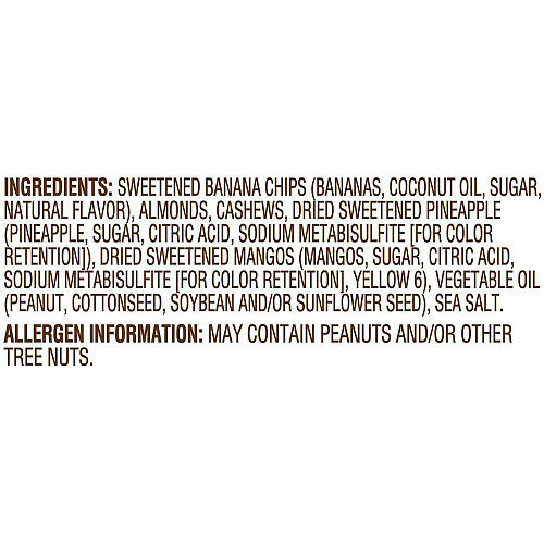 Fisher Tropical Trail Mix No Artificial Color, Resealable Bag - Banana, Almond, Cashew, Pineapple, Mango - 1 Serving Bag - 3.50 oz - 6 / Carton (P27165)