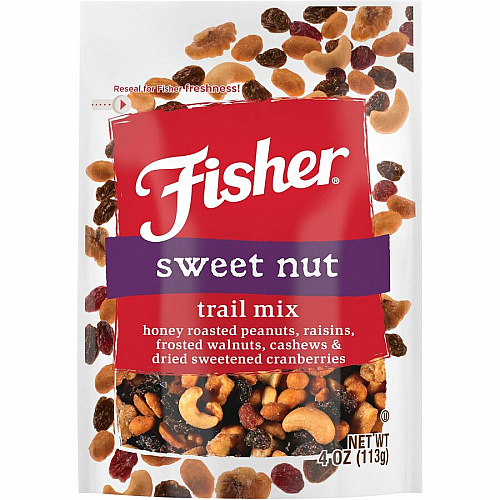Fisher Sweet Nut Mix Resealable Bag - Honey Roasted Peanut, Raisin, Walnut, Cashew, Dried Cranberries - 1 Serving Bag - 4 oz - 6 / Carton (P27169)