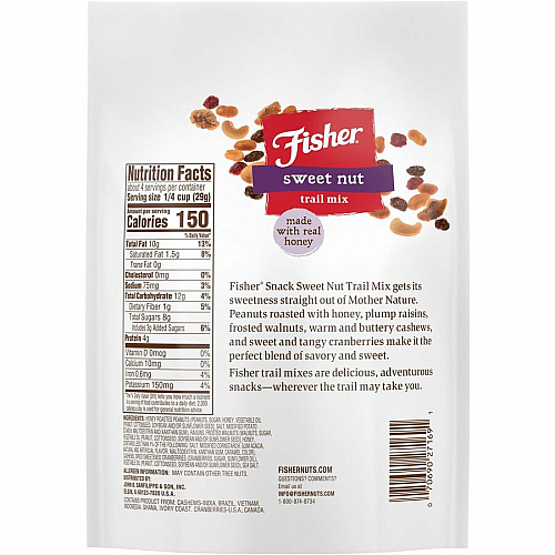 Fisher Sweet Nut Mix Resealable Bag - Honey Roasted Peanut, Raisin, Walnut, Cashew, Dried Cranberries - 1 Serving Bag - 4 oz - 6 / Carton (P27169)