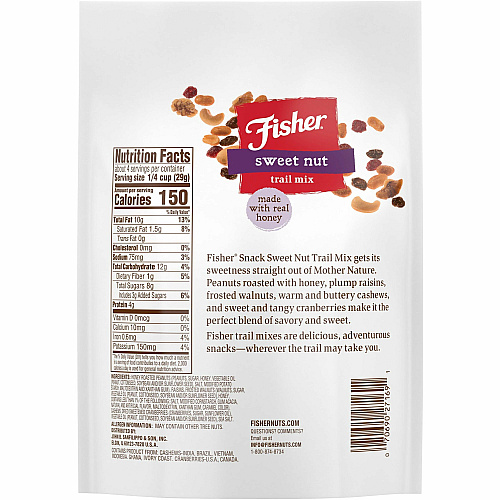 Fisher Sweet Nut Mix Resealable Bag - Honey Roasted Peanut, Raisin, Walnut, Cashew, Dried Cranberries - 1 Serving Bag - 4 oz - 6 / Carton (P27169)