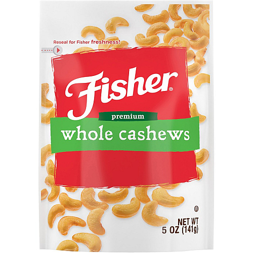 Fisher Premium Whole Cashews No Artificial Color, No Artificial Flavor - Sea Salt - 1 Serving Bag - 5 oz - 6 / Carton (P27299)