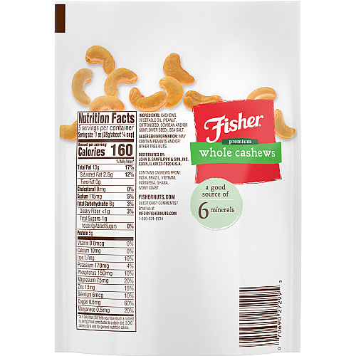 Fisher Premium Whole Cashews No Artificial Color, No Artificial Flavor - Sea Salt - 1 Serving Bag - 5 oz - 6 / Carton (P27299)