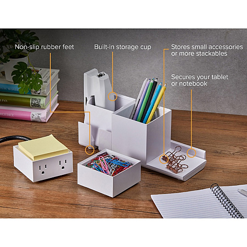 Bostitch Konnect Desk Organizer with Power Station Desktop - Stackable, USB Hub, Cable Management, Storage Tray, Rubber Feet, Non-slip Feet - White - 1 Each (KT2BASEKIT1W)