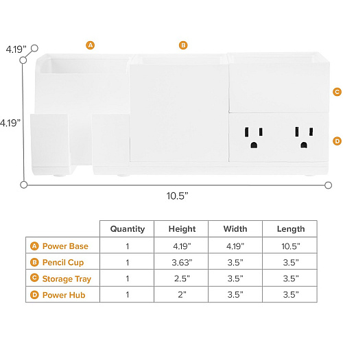 Bostitch Konnect Desk Organizer with Power Station Desktop - Stackable, USB Hub, Cable Management, Storage Tray, Rubber Feet, Non-slip Feet - White - 1 Each (KT2BASEKIT1W)