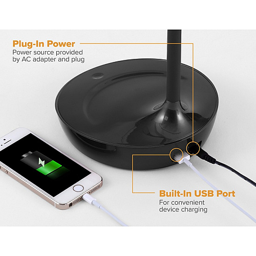 Bostitch Konnect Gooseneck LED Desk Lamp LED Bulb - Gooseneck, Adjustable Brightness, Touch Sensitive Control Panel, Dimmable, Eco-friendly, Flexible Neck, Glare-free Light, USB Charging, Flicker-free - Desk Mountable - Black - for Desk, Off (KTVLED1502B)