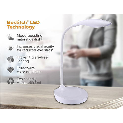 Bostitch Konnect Gooseneck LED Desk Lamp LED Bulb - Dimmable, Gooseneck, Touch Sensitive Control Panel, Adjustable Brightness, Flexible, Flicker-free, Glare-free Light, Eco-friendly, USB Charging - Desk Mountable - White - for Office, Smartp (KTVLED1502W)
