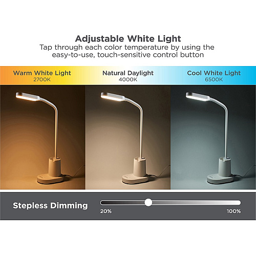 Bostitch Storage Cup/Phone Holder LED Craft Light LED Bulb - USB Charging, Flicker-free, Adjustable Head, Touch Sensitive Control Panel, Dimmable - White - for Desk - 1 Each (LED2104WBD)