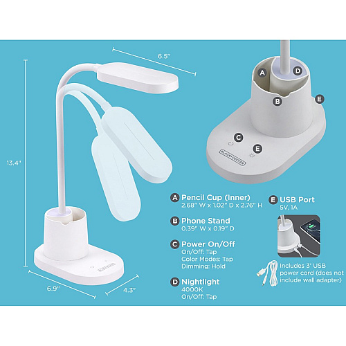 Bostitch Storage Cup/Phone Holder LED Craft Light LED Bulb - USB Charging, Flicker-free, Adjustable Head, Touch Sensitive Control Panel, Dimmable - White - for Desk - 1 Each (LED2104WBD)