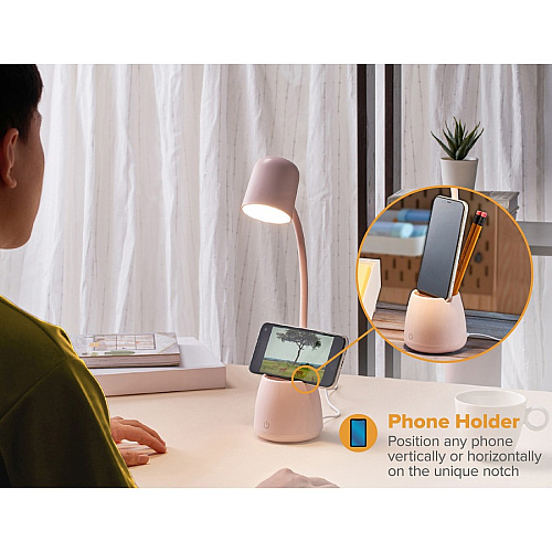 Bostitch Desk Lamp with Storage Cup, Pink LED Bulb - Adjustable, Touch Sensitive Control Panel, Dimmable, Color Temperature Setting, Flicker-free, Adjustable Head, Adjustable Brightness, Glare-free Light - Desk Mountable, Table Top - Pink - f (LED2105PNK)