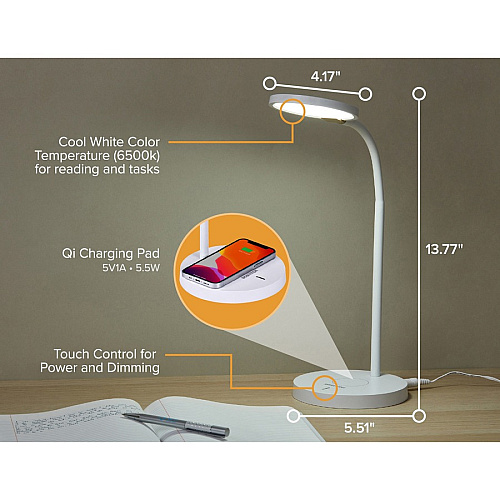 Bostitch Qi Wireless Charging LED Desk Lamp White LED Bulb - Adjustable Brightness, Flexible, Touch Sensitive Control Panel, Dimmable, Glare-free Light, Flicker-free, Adjustable Head, Qi Wireless Charging - Desk Mountable - White - for Home,  (LED2107WHT)