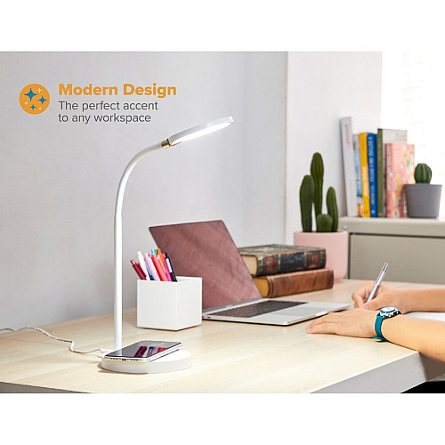 Bostitch Qi Wireless Charging LED Desk Lamp White LED Bulb - Adjustable Brightness, Flexible, Touch Sensitive Control Panel, Dimmable, Glare-free Light, Flicker-free, Adjustable Head, Qi Wireless Charging - Desk Mountable - White - for Home,  (LED2107WHT)