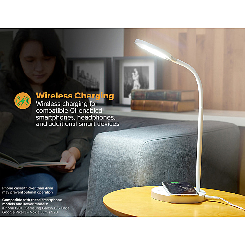 Bostitch Qi Wireless Charging LED Desk Lamp White LED Bulb - Adjustable Brightness, Flexible, Touch Sensitive Control Panel, Dimmable, Glare-free Light, Flicker-free, Adjustable Head, Qi Wireless Charging - Desk Mountable - White - for Home,  (LED2107WHT)