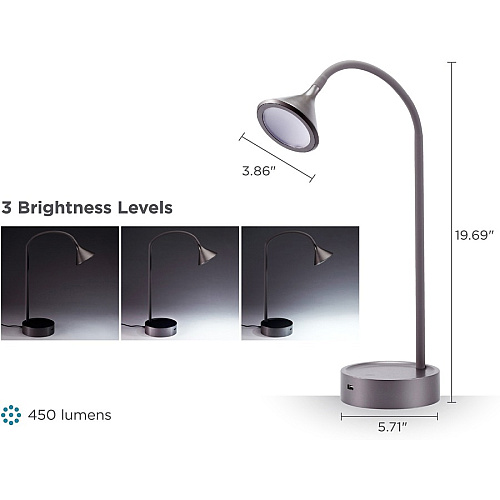 Bostitch LED Gooseneck Lamp 5 W LED Bulb - Gooseneck, USB Charging, Adjustable Brightness, Dimmable, Flicker-free, Glare-free Light - Desk Mountable - Gray - for Desk - 1 Each (VLED1812GBD)