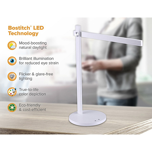 Bostitch Dimmable Bar Desk Lamp 5.50 W LED Bulb - Matte - Dimmable, Adjustable Brightness, Color Temperature Setting, Flicker-free, Adjustable Head, Glare-free Light - Metal - Desk Mountable - White - for Desk, Relaxing, Reading, Room - 1 Ea (VLED1813BOS)