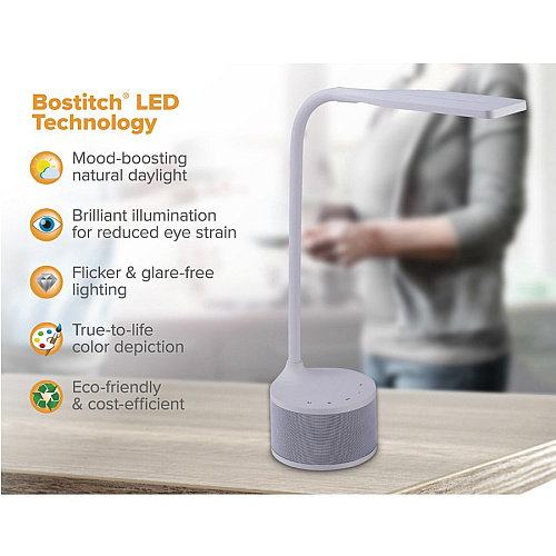 Bostitch LED Bluetooth USB Speaker Lamp 5.50 W LED Bulb - Bluetooth, USB Charging, Color Temperature Setting, Flicker-free, Glare-free Light, Gooseneck, Touch Sensitive Control Panel, Flexible - Desk Mountable - White - for Phone, Relaxing, (VLED1817WBOS)