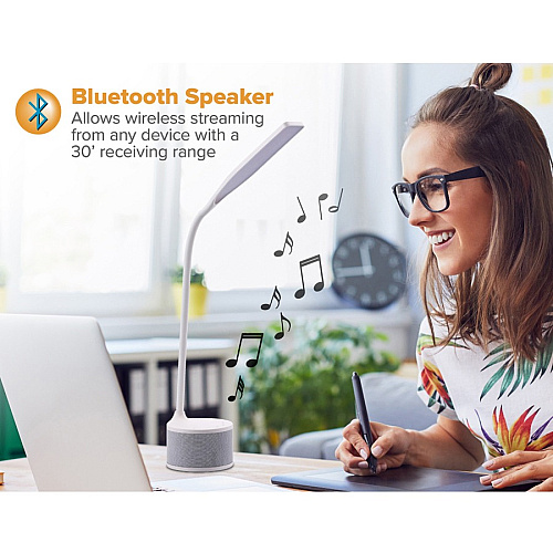 Bostitch LED Bluetooth USB Speaker Lamp 5.50 W LED Bulb - Bluetooth, USB Charging, Color Temperature Setting, Flicker-free, Glare-free Light, Gooseneck, Touch Sensitive Control Panel, Flexible - Desk Mountable - White - for Phone, Relaxing, (VLED1817WBOS)
