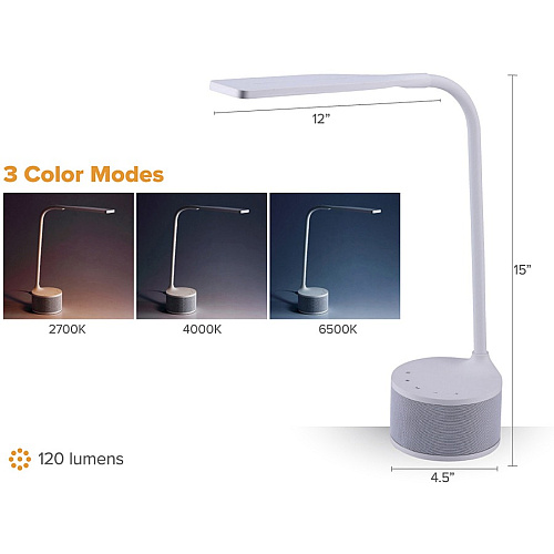 Bostitch LED Bluetooth USB Speaker Lamp 5.50 W LED Bulb - Bluetooth, USB Charging, Color Temperature Setting, Flicker-free, Glare-free Light, Gooseneck, Touch Sensitive Control Panel, Flexible - Desk Mountable - White - for Phone, Relaxing, (VLED1817WBOS)