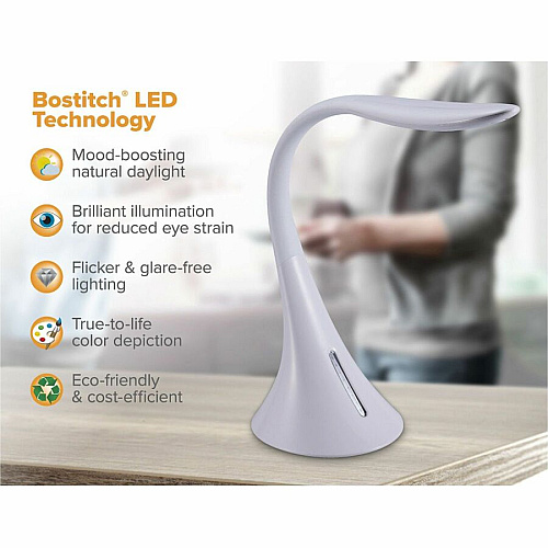 Bostitch Modern Desk Lamp 8 W LED Bulb - USB Charging, Dimmable, Color Temperature Setting, Adjustable Brightness, Flicker-free, Glare-free Light, Flexible, Touch Sensitive Control Panel - Desk Mountable - White - for Desk, Relaxing, Readin (VLED1821WBOS)
