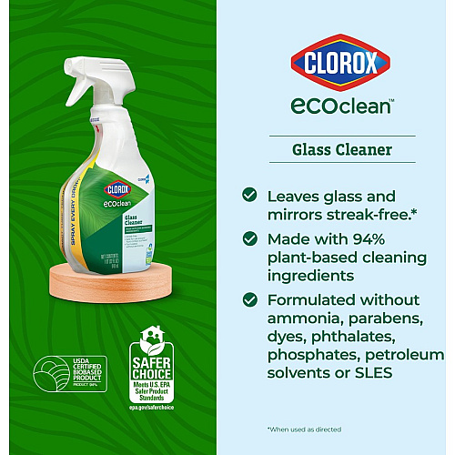 CloroxPro&trade; EcoClean Glass Cleaner Spray 32 fl oz (1 quart) - Streak-free, Bio-based, Ammonia-free, Paraben-free, Dye-free, Phthalate-free, Chemical-free, Fume-free, Residue-free - Green, Blue - 1 Each (60277)