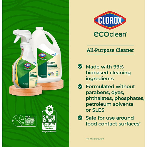CloroxPro&trade; EcoClean All-Purpose Cleaner Refill 128 fl oz (4 quart) - Bio-based, Paraben-free, Dye-free, Phthalate-free, Chemical-free, Fume-free, Residue-free, Refillable - Green, White - 1 Each (60278)