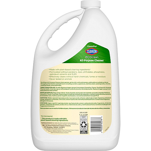 CloroxPro&trade; EcoClean All-Purpose Cleaner Refill 128 fl oz (4 quart) - Bio-based, Paraben-free, Dye-free, Phthalate-free, Chemical-free, Fume-free, Residue-free, Refillable - Green, White - 1 Each (60278)
