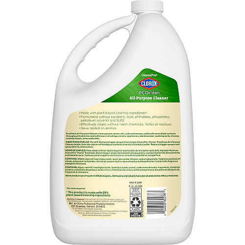 CloroxPro&trade; EcoClean All-Purpose Cleaner Refill 128 fl oz (4 quart) - Bio-based, Paraben-free, Dye-free, Phthalate-free, Chemical-free, Fume-free, Residue-free, Refillable - Green, White - 1 Each (60278)