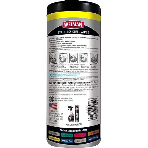 Weiman Stainless Steel Wipes Streak-free, Fingerprint Resistant, Dust Resistant, Dirt Resistant, Pre-moistened, Grease Resistant, pH Neutral - White - 30/Tub - 1 Each (92A)