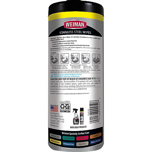 Weiman Stainless Steel Wipes Streak-free, Fingerprint Resistant, Dust Resistant, Dirt Resistant, Pre-moistened, Grease Resistant, pH Neutral - White - 30/Tub - 1 Each (92A)
